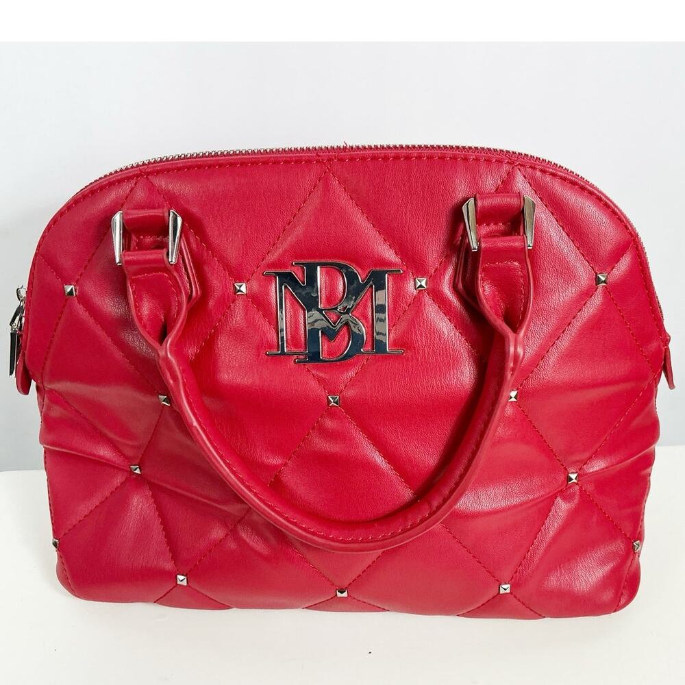Badgley Mischka Red Quilted Satchel with Studded Detail Purse Handbag